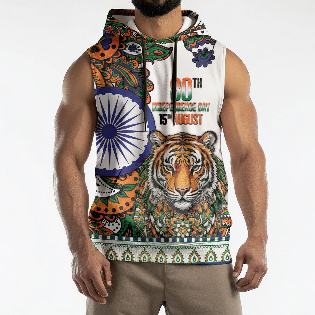 India Independence Day Sleeveless Hoodie Royal Tiger Ashoka Chakra Paisley Pattern