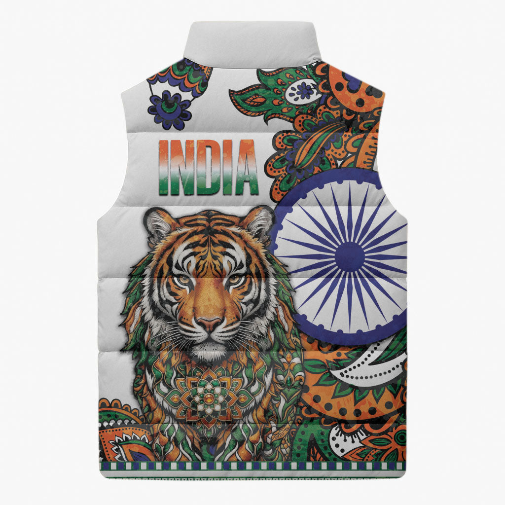 India Independence Day Sleeveless Puffer Jacket Royal Tiger Ashoka Chakra Paisley Pattern