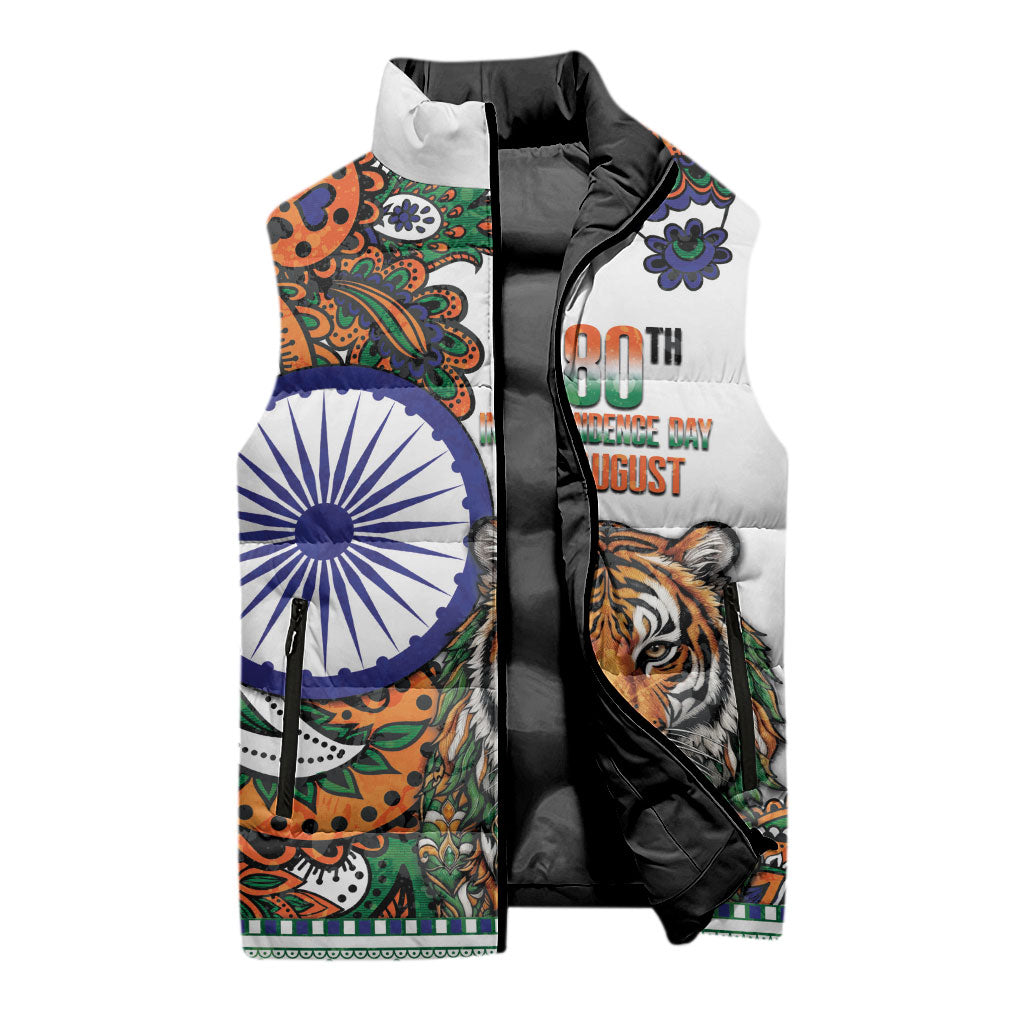 India Independence Day Sleeveless Puffer Jacket Royal Tiger Ashoka Chakra Paisley Pattern