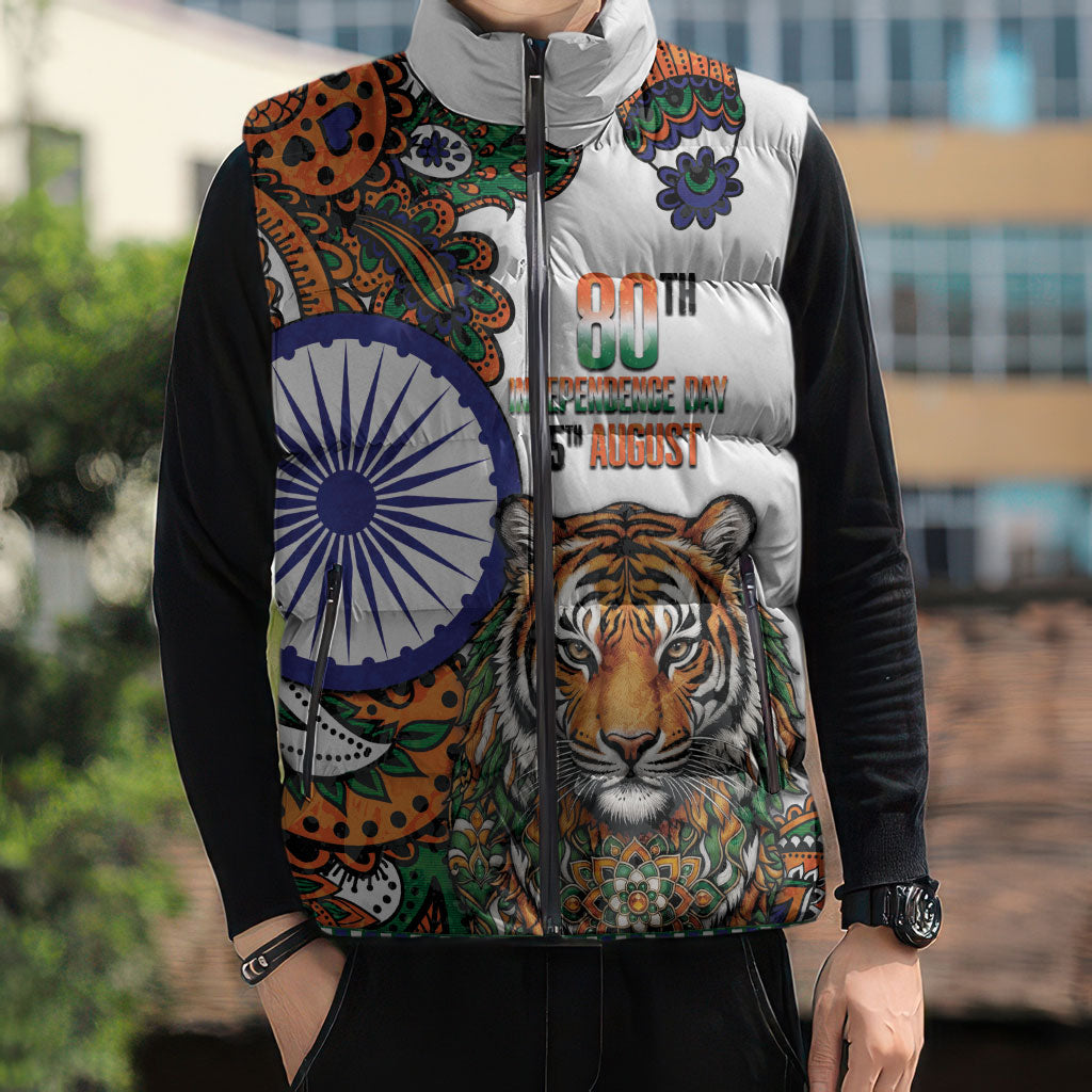 India Independence Day Sleeveless Puffer Jacket Royal Tiger Ashoka Chakra Paisley Pattern