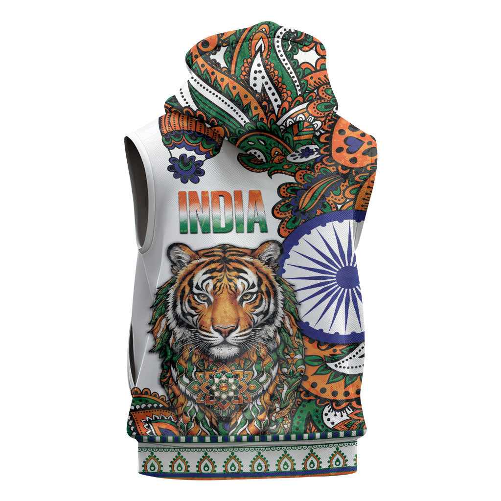 India Independence Day Sleeveless Zip Hoodie Royal Tiger Ashoka Chakra Paisley Pattern