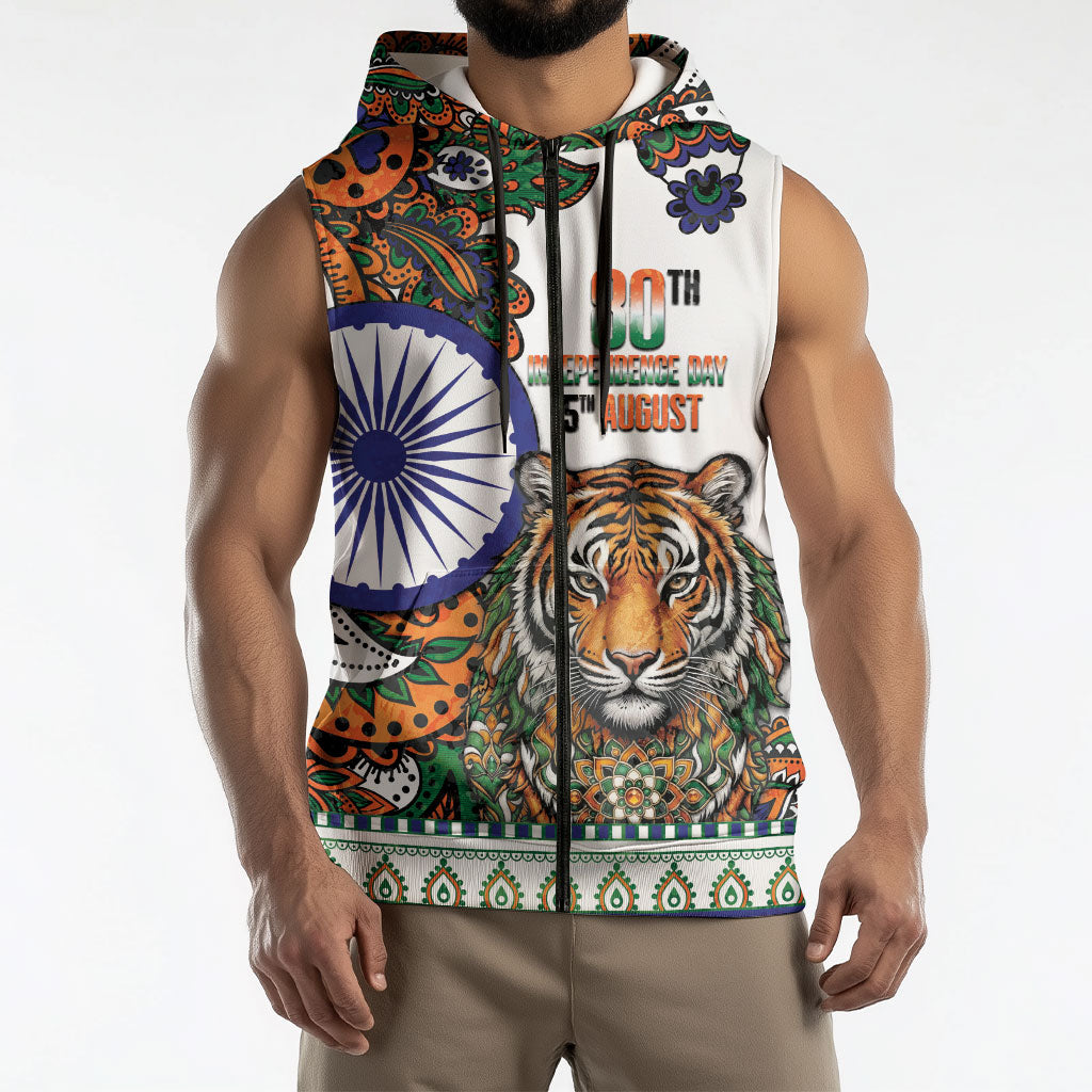 India Independence Day Sleeveless Zip Hoodie Royal Tiger Ashoka Chakra Paisley Pattern