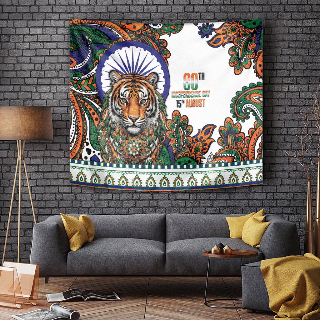 India Independence Day Tapestry Royal Tiger Ashoka Chakra Paisley Pattern