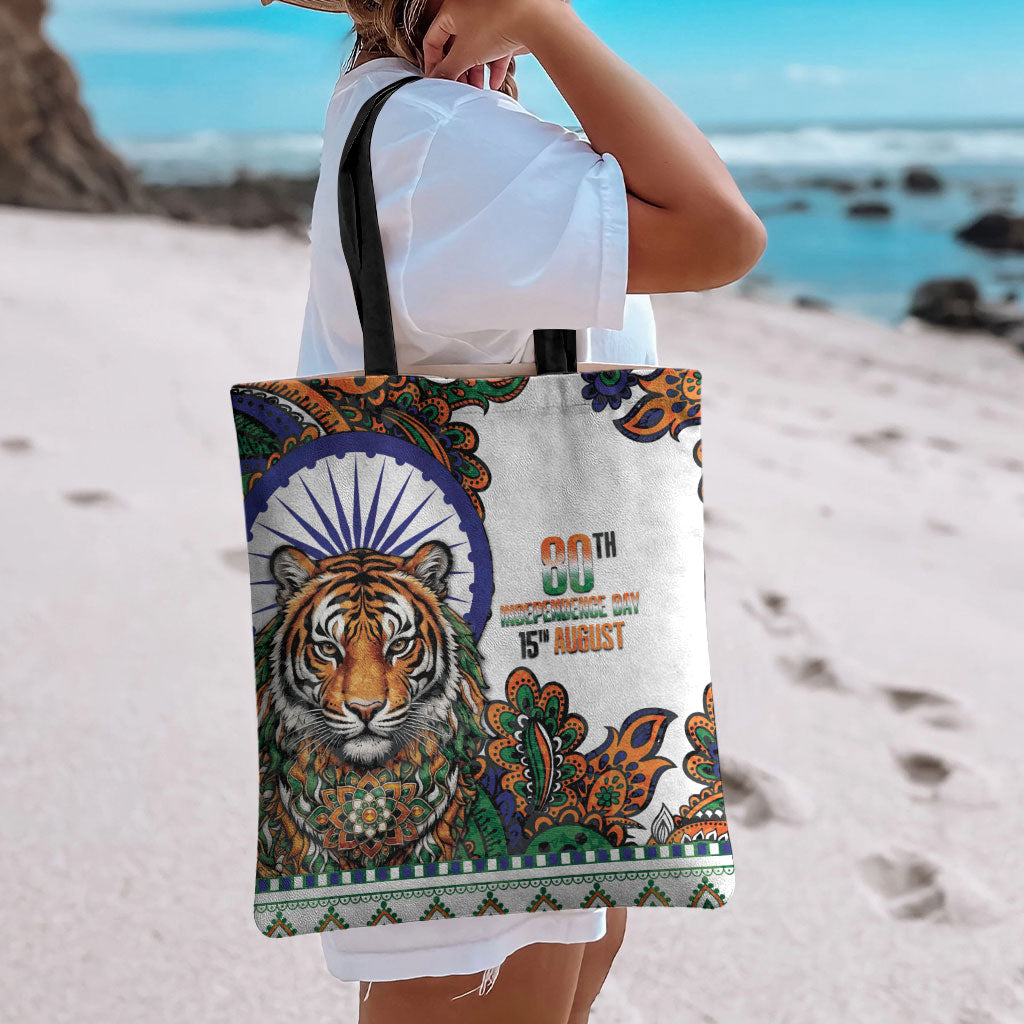 India Independence Day Tote Bag Royal Tiger Ashoka Chakra Paisley Pattern