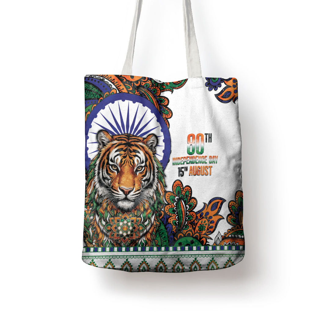 India Independence Day Tote Bag Royal Tiger Ashoka Chakra Paisley Pattern