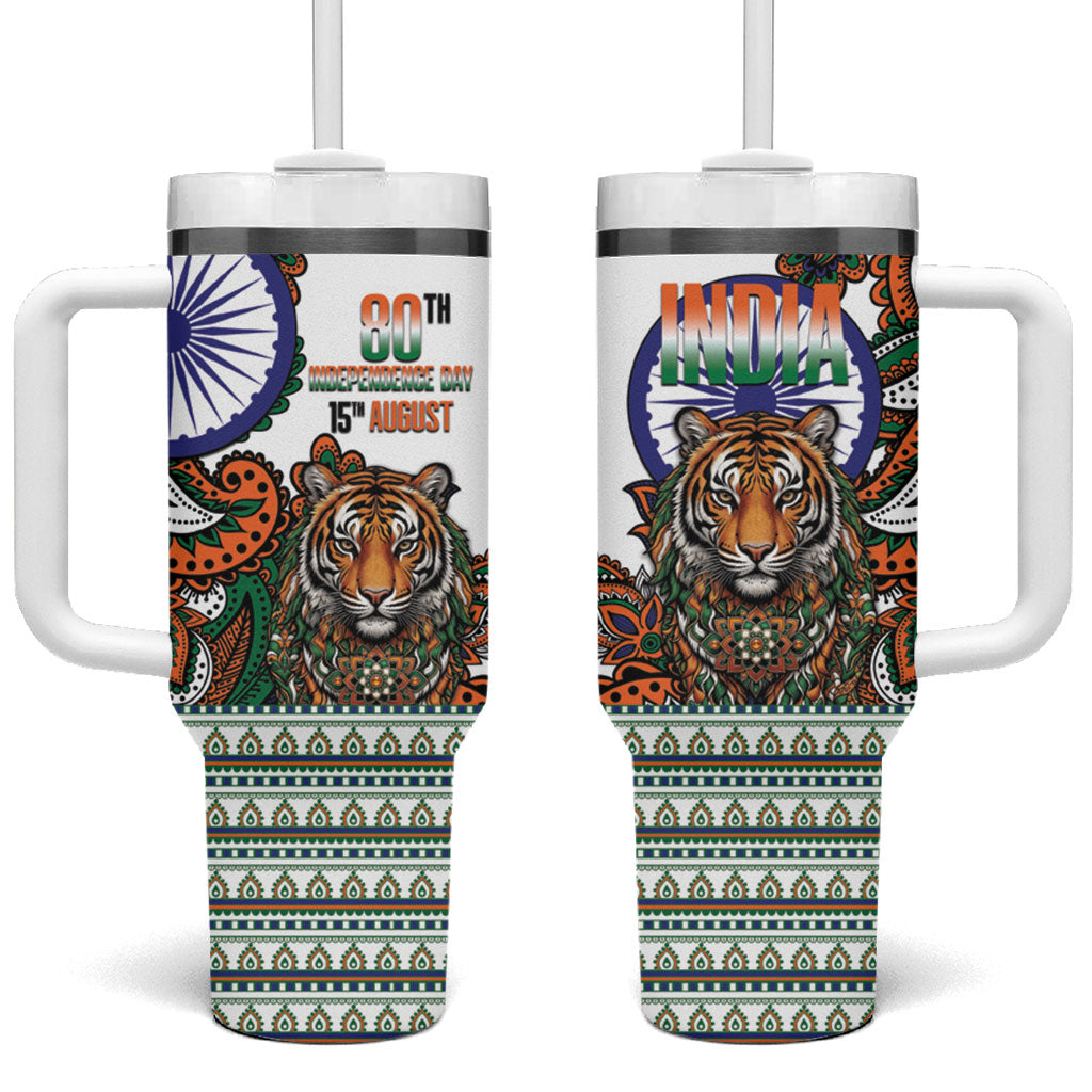India Independence Day Tumbler With Handle Royal Tiger Ashoka Chakra Paisley Pattern