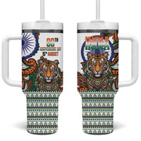 India Independence Day Tumbler With Handle Royal Tiger Ashoka Chakra Paisley Pattern