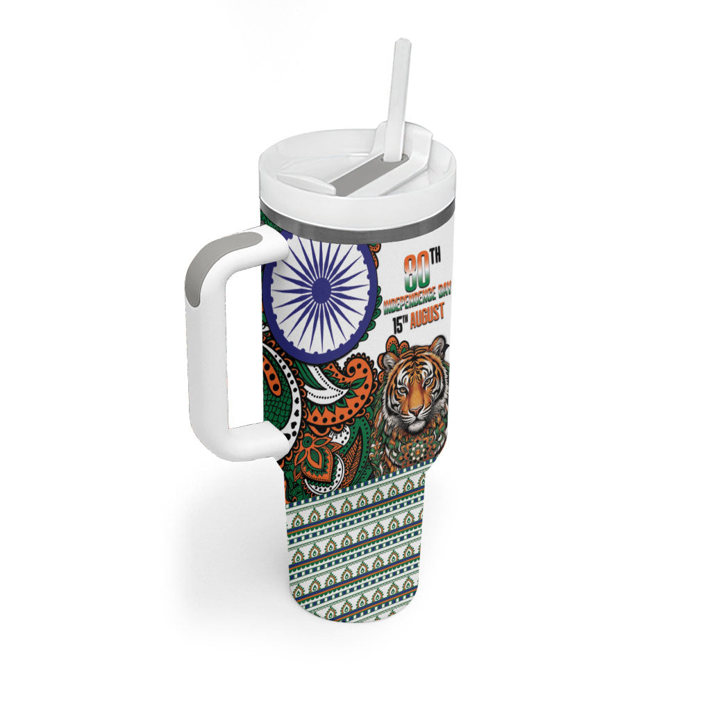 India Independence Day Tumbler With Handle Royal Tiger Ashoka Chakra Paisley Pattern