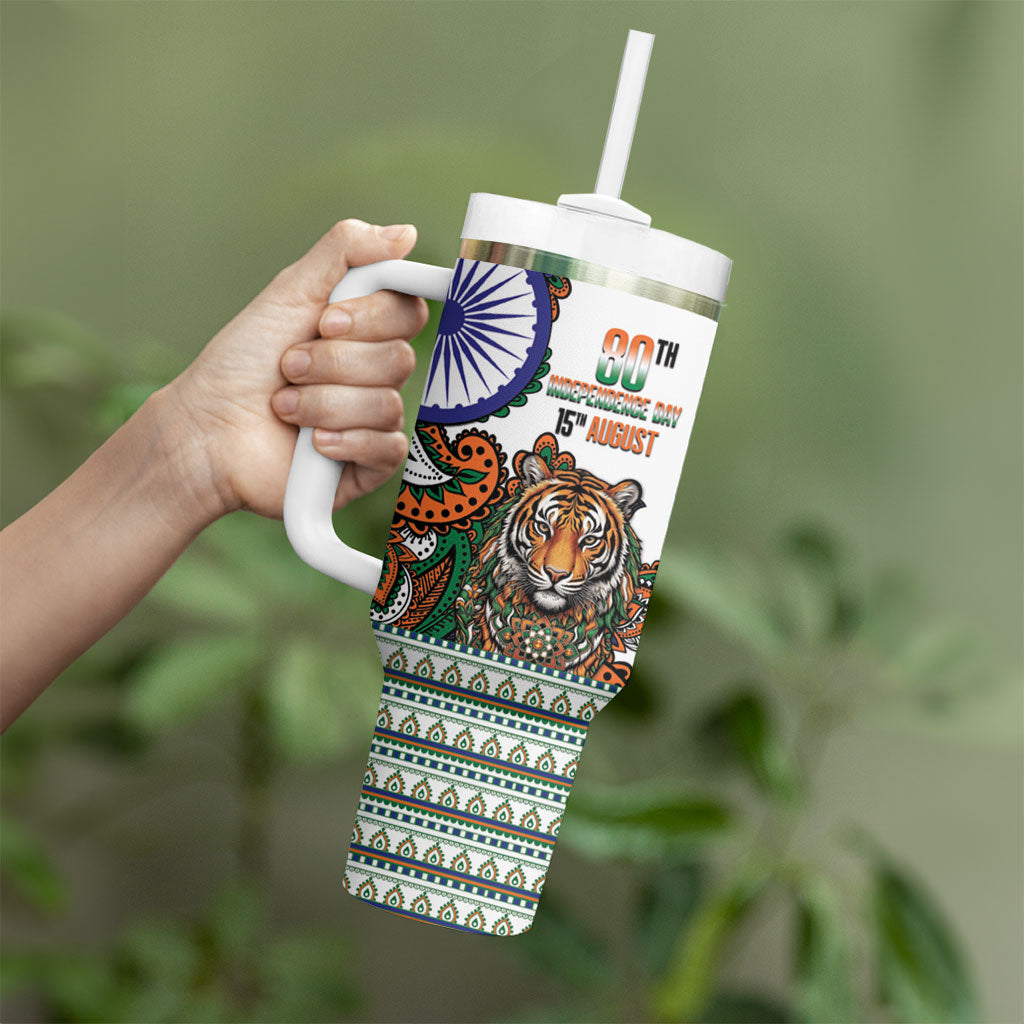 India Independence Day Tumbler With Handle Royal Tiger Ashoka Chakra Paisley Pattern