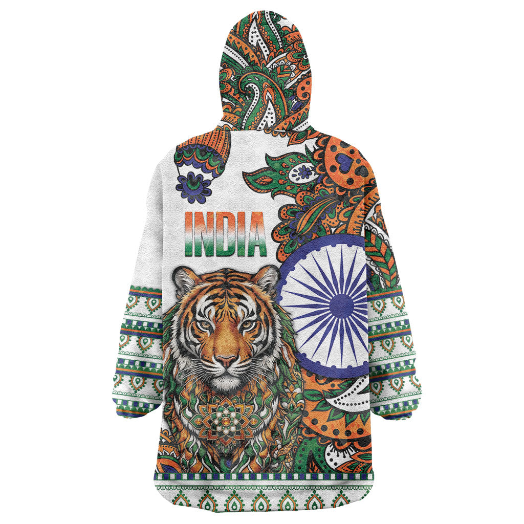 India Independence Day Wearable Blanket Hoodie Royal Tiger Ashoka Chakra Paisley Pattern