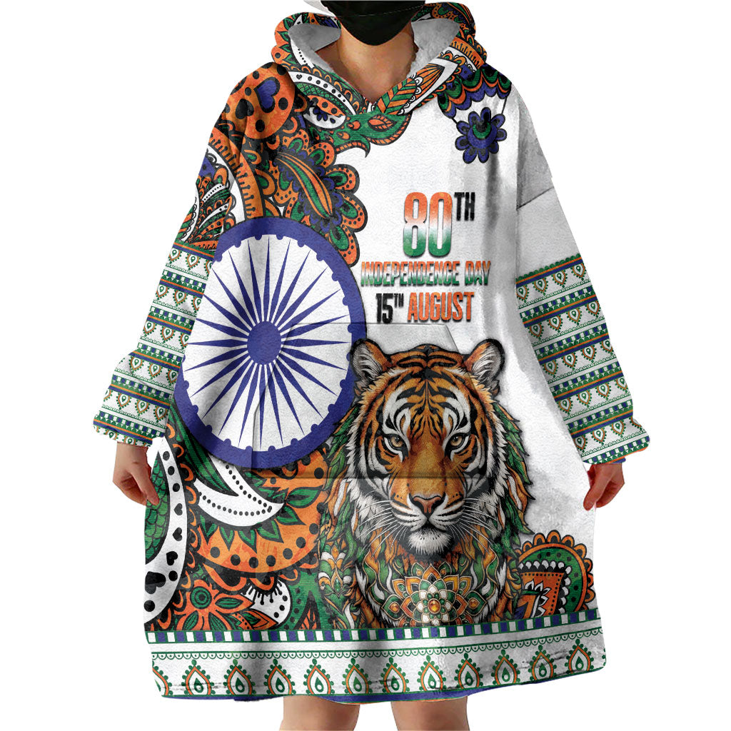 India Independence Day Wearable Blanket Hoodie Royal Tiger Ashoka Chakra Paisley Pattern
