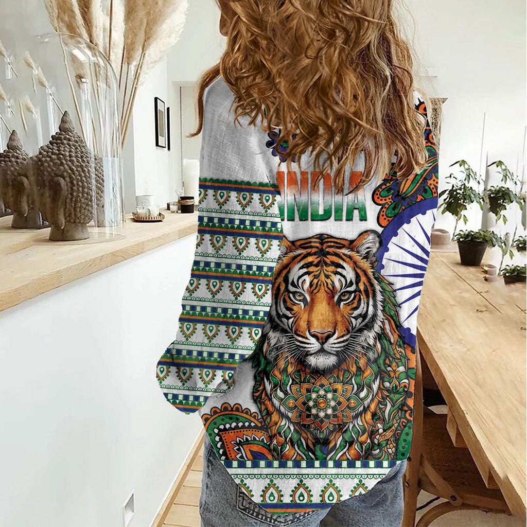 India Independence Day Women Casual Shirt Royal Tiger Ashoka Chakra Paisley Pattern