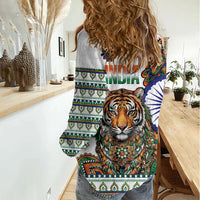 India Independence Day Women Casual Shirt Royal Tiger Ashoka Chakra Paisley Pattern