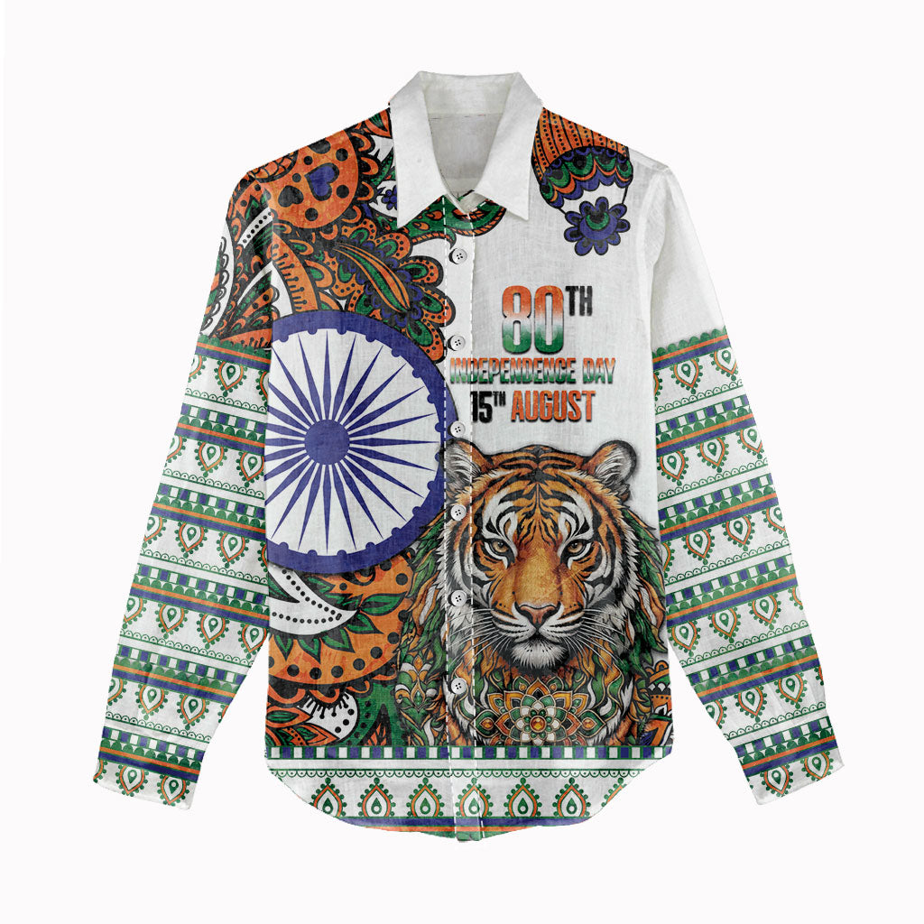 India Independence Day Women Casual Shirt Royal Tiger Ashoka Chakra Paisley Pattern