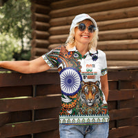 India Independence Day Women Polo Shirt Royal Tiger Ashoka Chakra Paisley Pattern