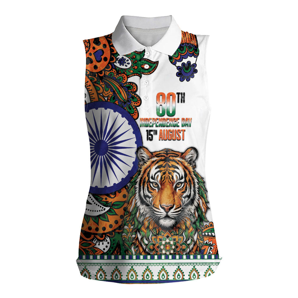 India Independence Day Women Sleeveless Polo Shirt Royal Tiger Ashoka Chakra Paisley Pattern