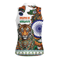 India Independence Day Women Sleeveless Polo Shirt Royal Tiger Ashoka Chakra Paisley Pattern