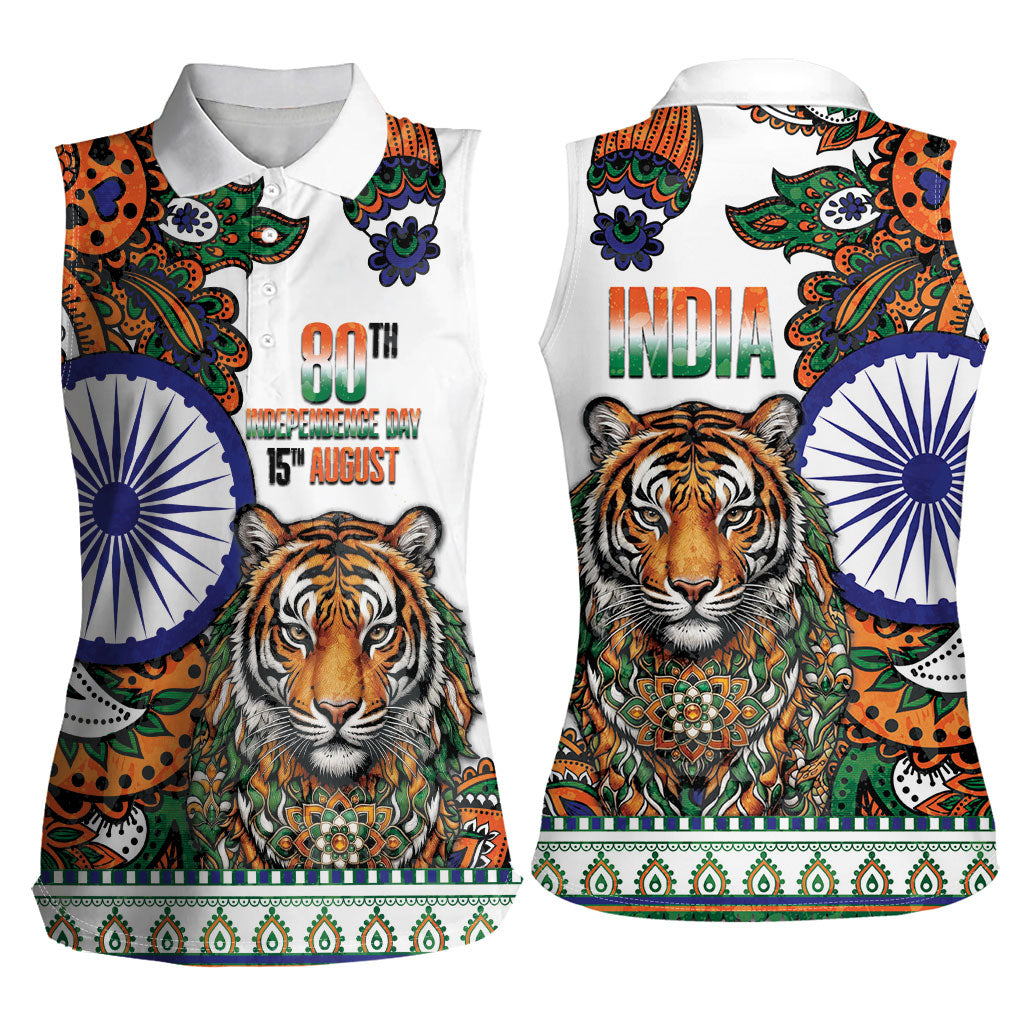 India Independence Day Women Sleeveless Polo Shirt Royal Tiger Ashoka Chakra Paisley Pattern