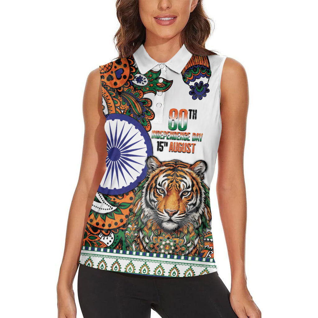India Independence Day Women Sleeveless Polo Shirt Royal Tiger Ashoka Chakra Paisley Pattern