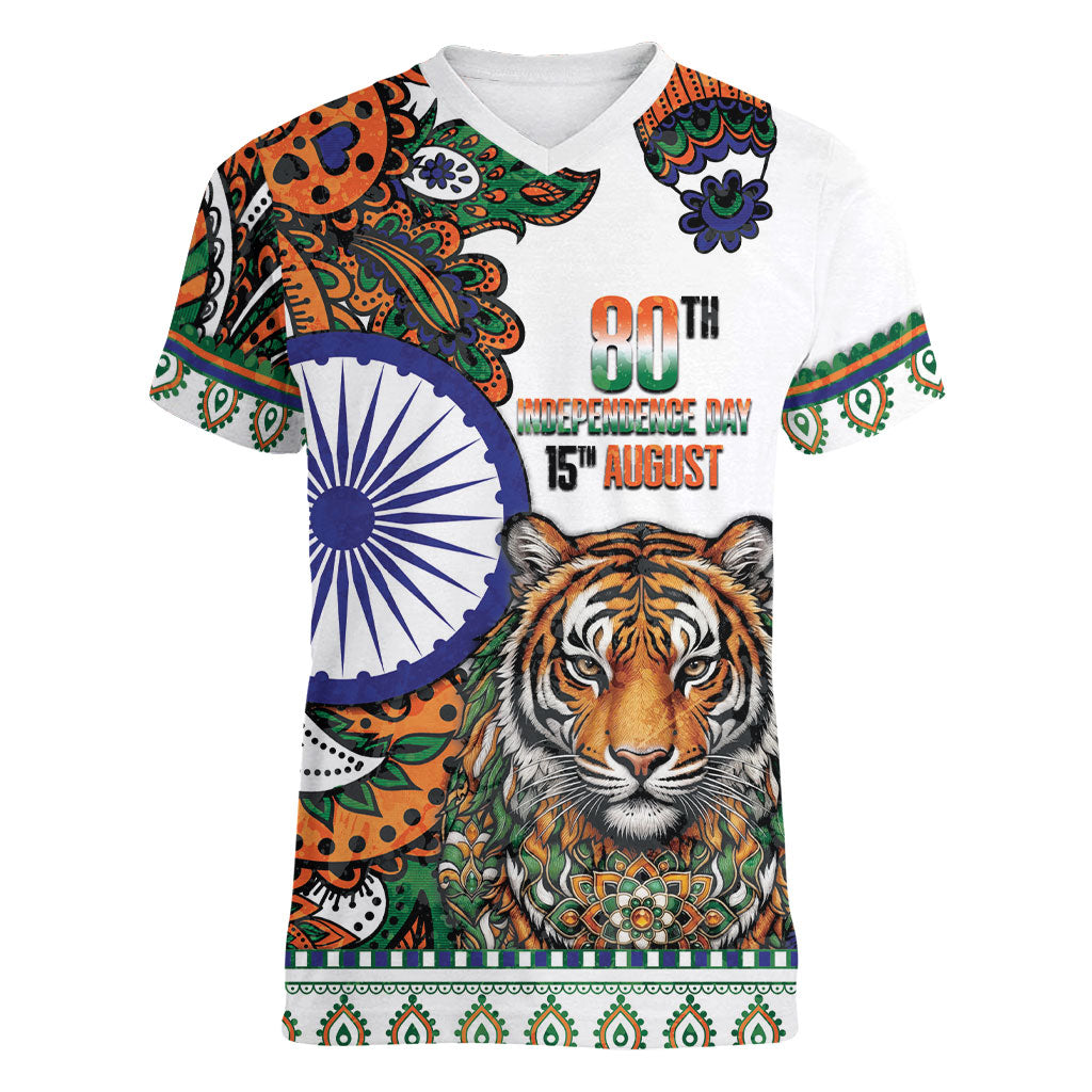 India Independence Day Women V-Neck T-Shirt Royal Tiger Ashoka Chakra Paisley Pattern