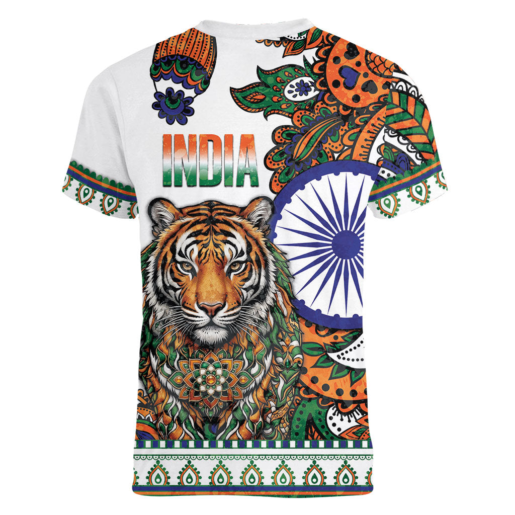 India Independence Day Women V-Neck T-Shirt Royal Tiger Ashoka Chakra Paisley Pattern