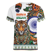 India Independence Day Women V-Neck T-Shirt Royal Tiger Ashoka Chakra Paisley Pattern
