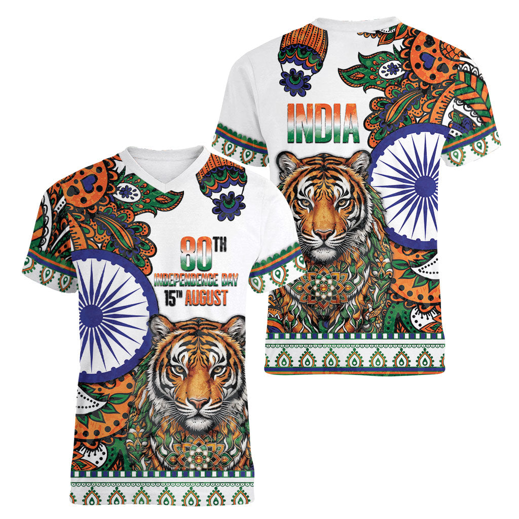 India Independence Day Women V-Neck T-Shirt Royal Tiger Ashoka Chakra Paisley Pattern