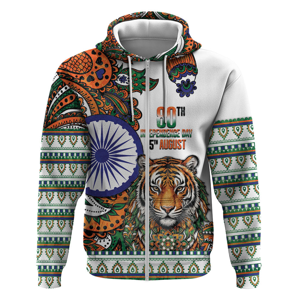 India Independence Day Zip Hoodie Royal Tiger Ashoka Chakra Paisley Pattern