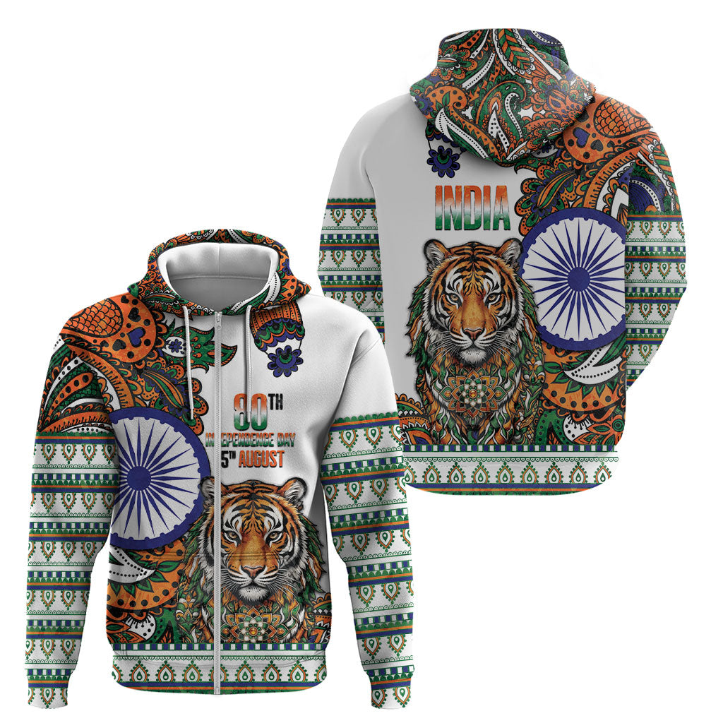India Independence Day Zip Hoodie Royal Tiger Ashoka Chakra Paisley Pattern