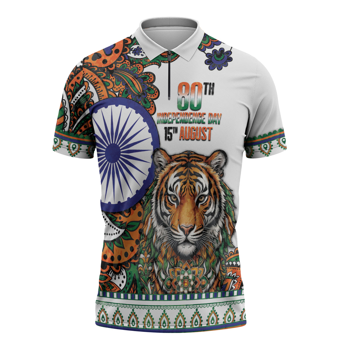 India Independence Day Zipper Polo Shirt Royal Tiger Ashoka Chakra Paisley Pattern