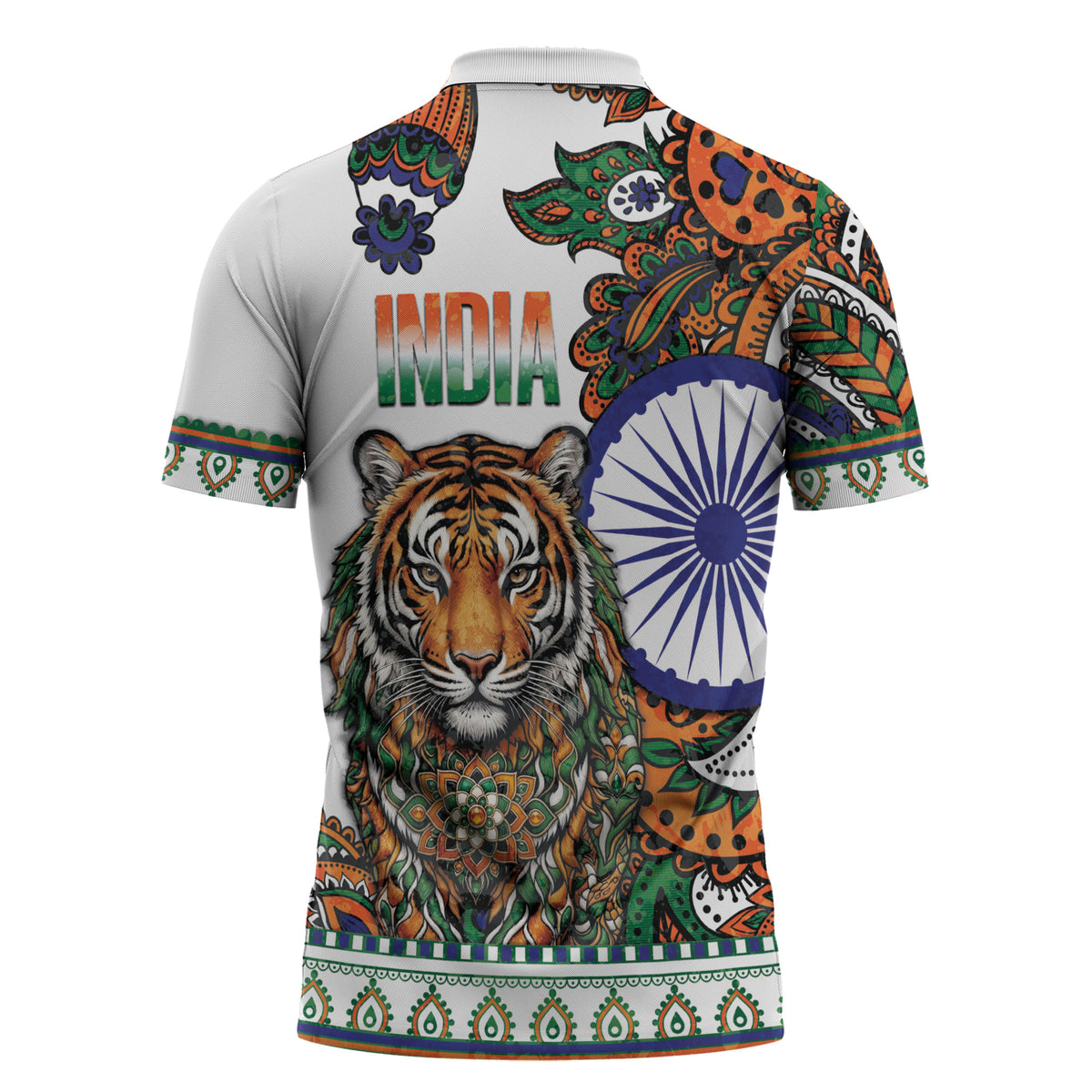 India Independence Day Zipper Polo Shirt Royal Tiger Ashoka Chakra Paisley Pattern