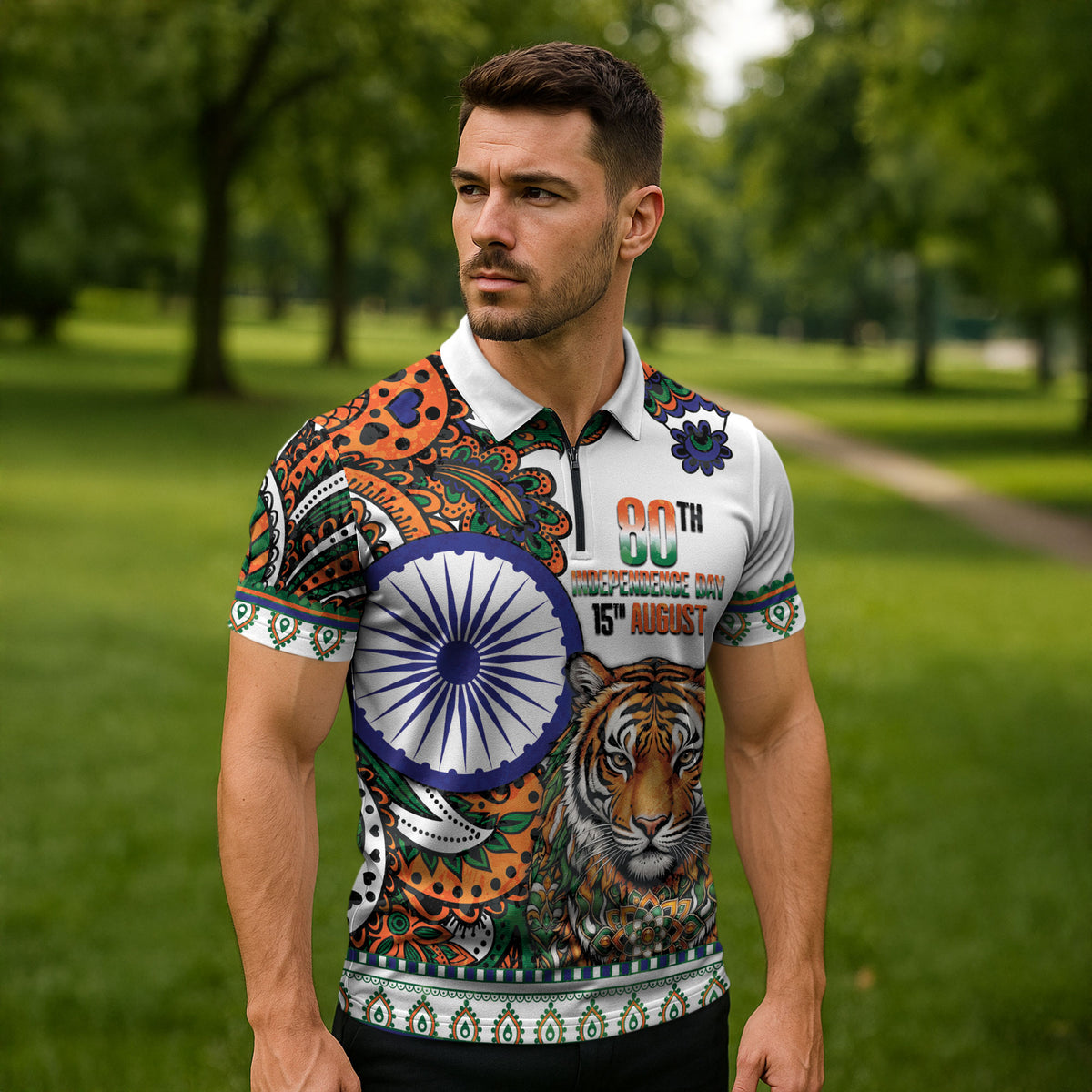 India Independence Day Zipper Polo Shirt Royal Tiger Ashoka Chakra Paisley Pattern