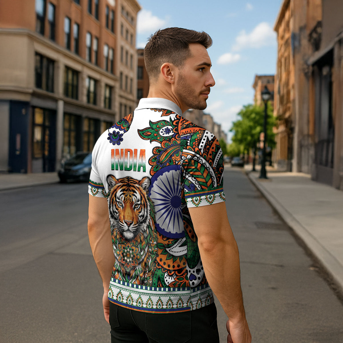 India Independence Day Zipper Polo Shirt Royal Tiger Ashoka Chakra Paisley Pattern