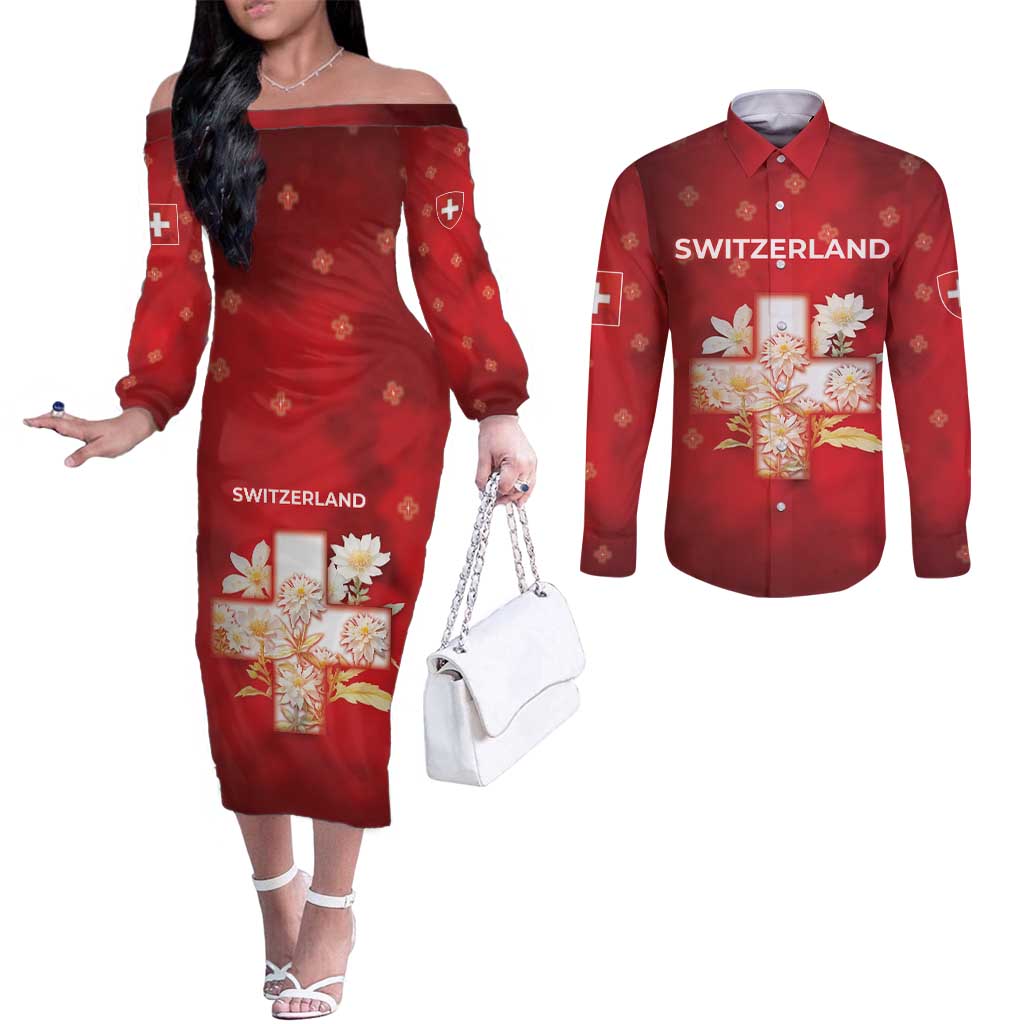 Switzerland Couples Matching Off The Shoulder Long Sleeve Dress and Long Sleeve Button Shirt One For All All For One - Wonder Print Shop