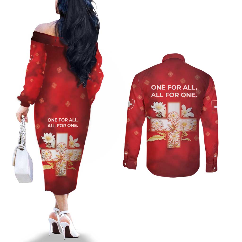 Switzerland Couples Matching Off The Shoulder Long Sleeve Dress and Long Sleeve Button Shirt One For All All For One - Wonder Print Shop