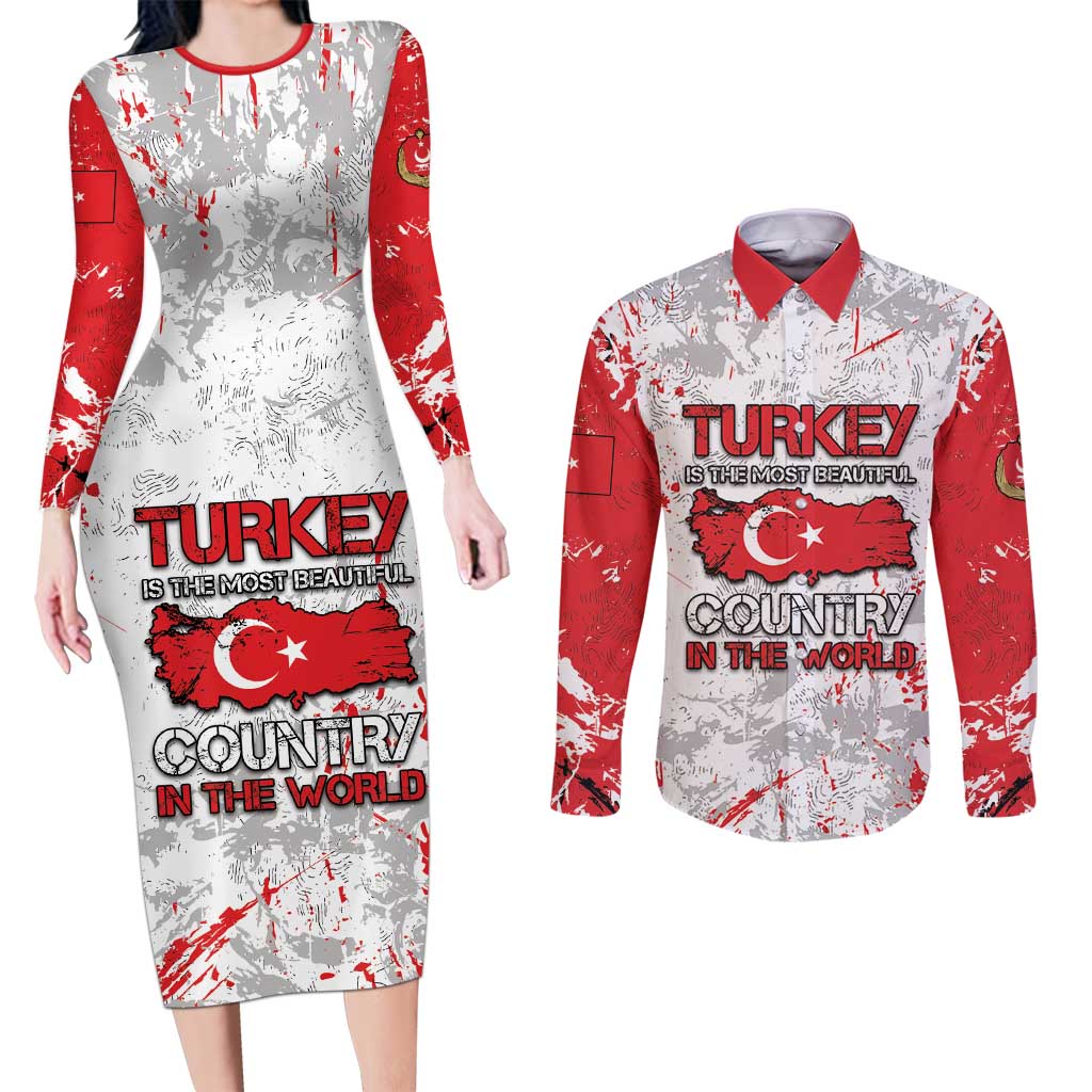Turkey Couples Matching Long Sleeve Bodycon Dress and Long Sleeve Button Shirt Half Turkish Is Better Than None - Wonder Print Shop