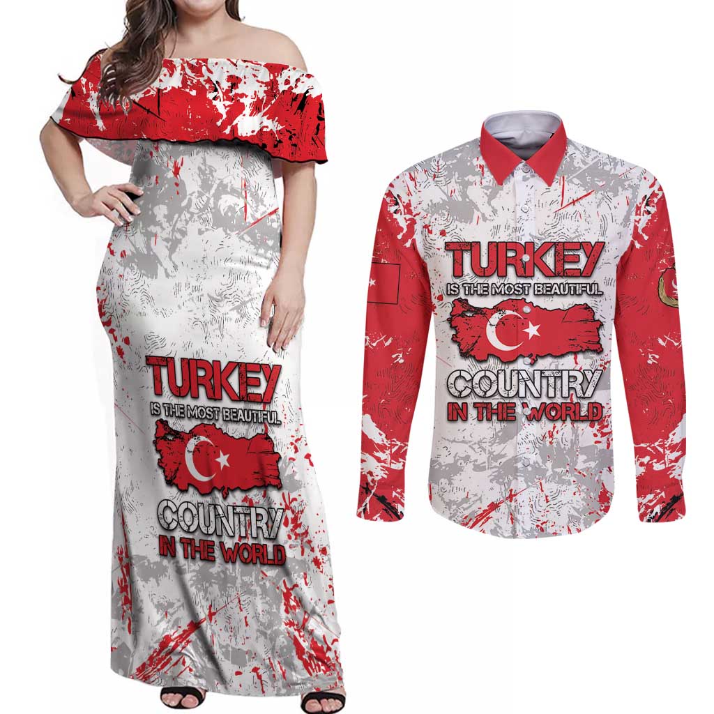 Turkey Couples Matching Off Shoulder Maxi Dress and Long Sleeve Button Shirt Half Turkish Is Better Than None - Wonder Print Shop
