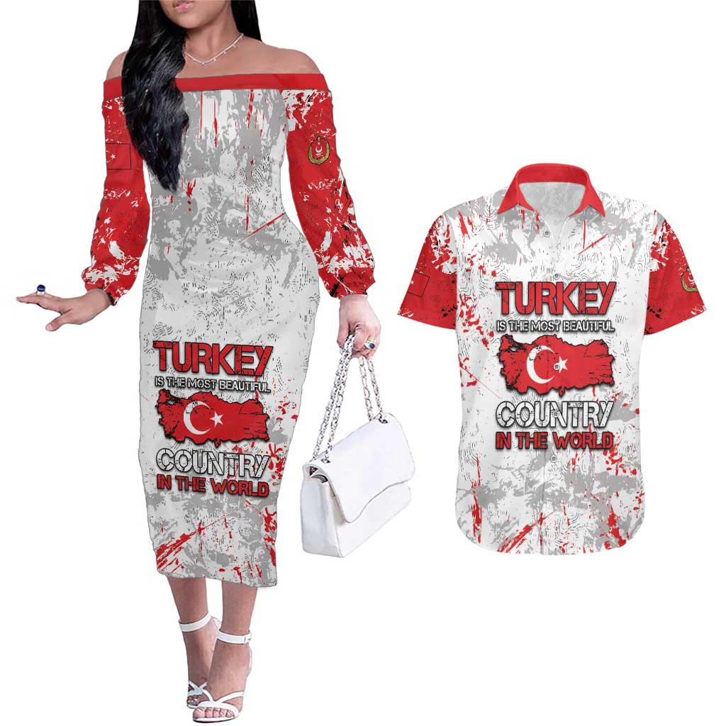 Turkey Couples Matching Off The Shoulder Long Sleeve Dress and Hawaiian Shirt Half Turkish Is Better Than None - Wonder Print Shop