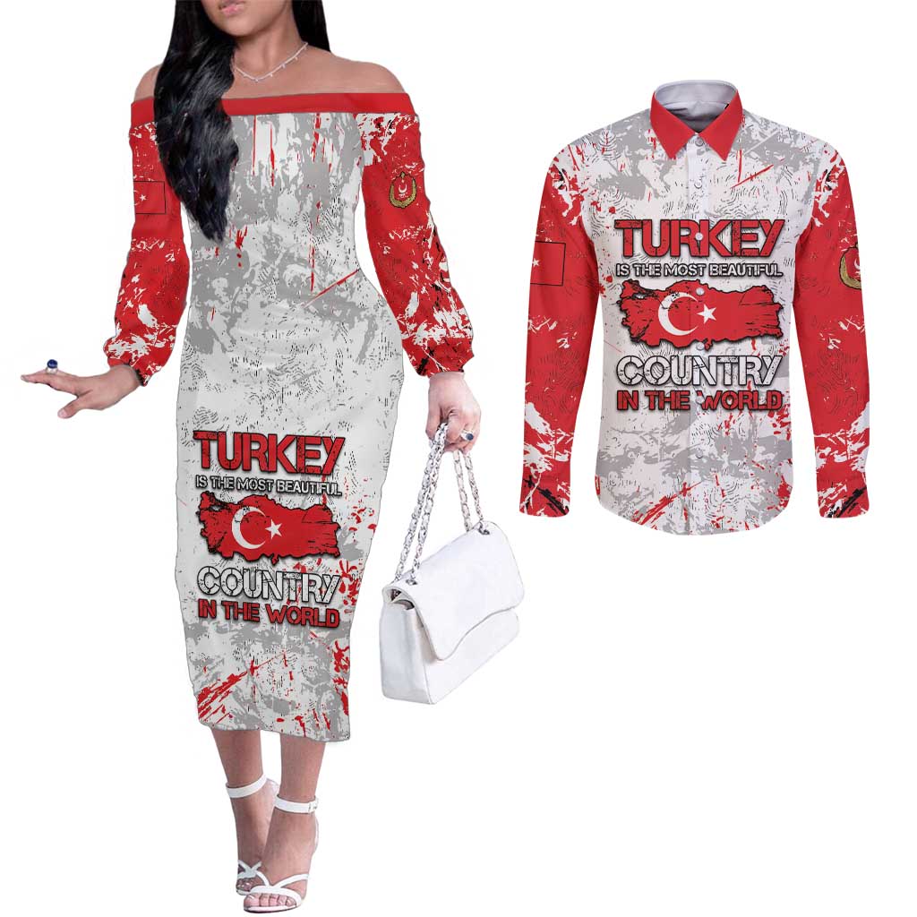 Turkey Couples Matching Off The Shoulder Long Sleeve Dress and Long Sleeve Button Shirt Half Turkish Is Better Than None - Wonder Print Shop