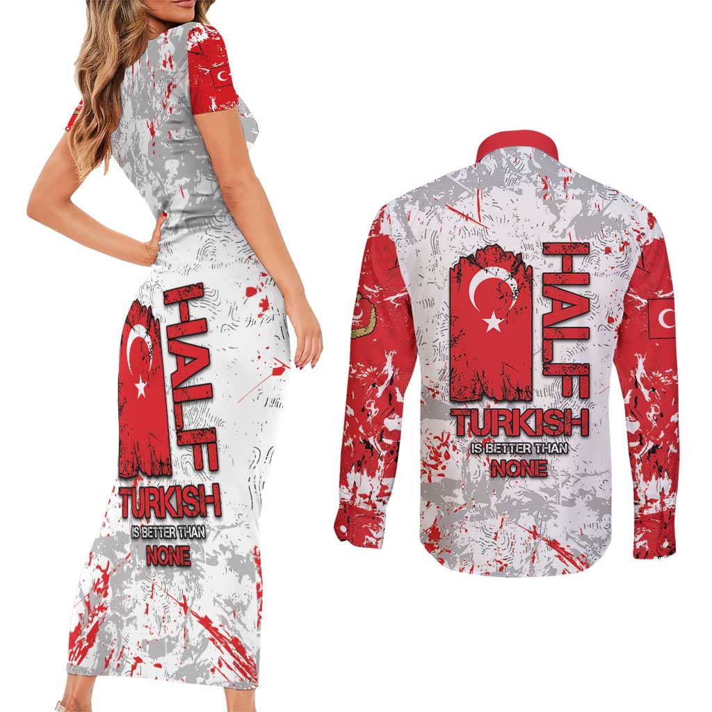 Turkey Couples Matching Short Sleeve Bodycon Dress and Long Sleeve Button Shirt Half Turkish Is Better Than None - Wonder Print Shop