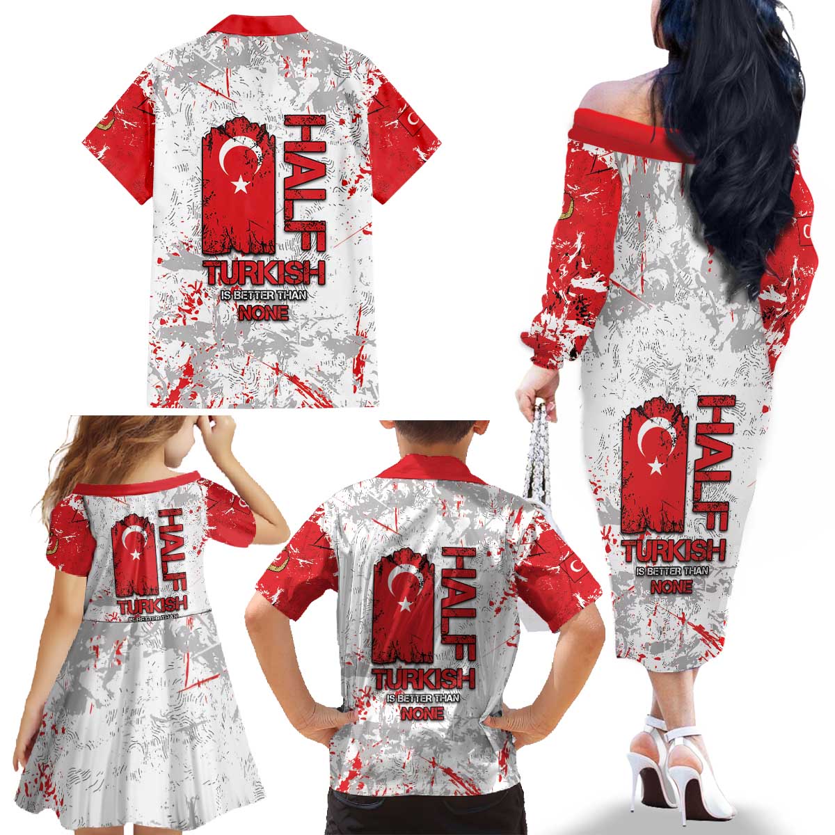 Turkey Family Matching Off The Shoulder Long Sleeve Dress and Hawaiian Shirt Half Turkish Is Better Than None - Wonder Print Shop