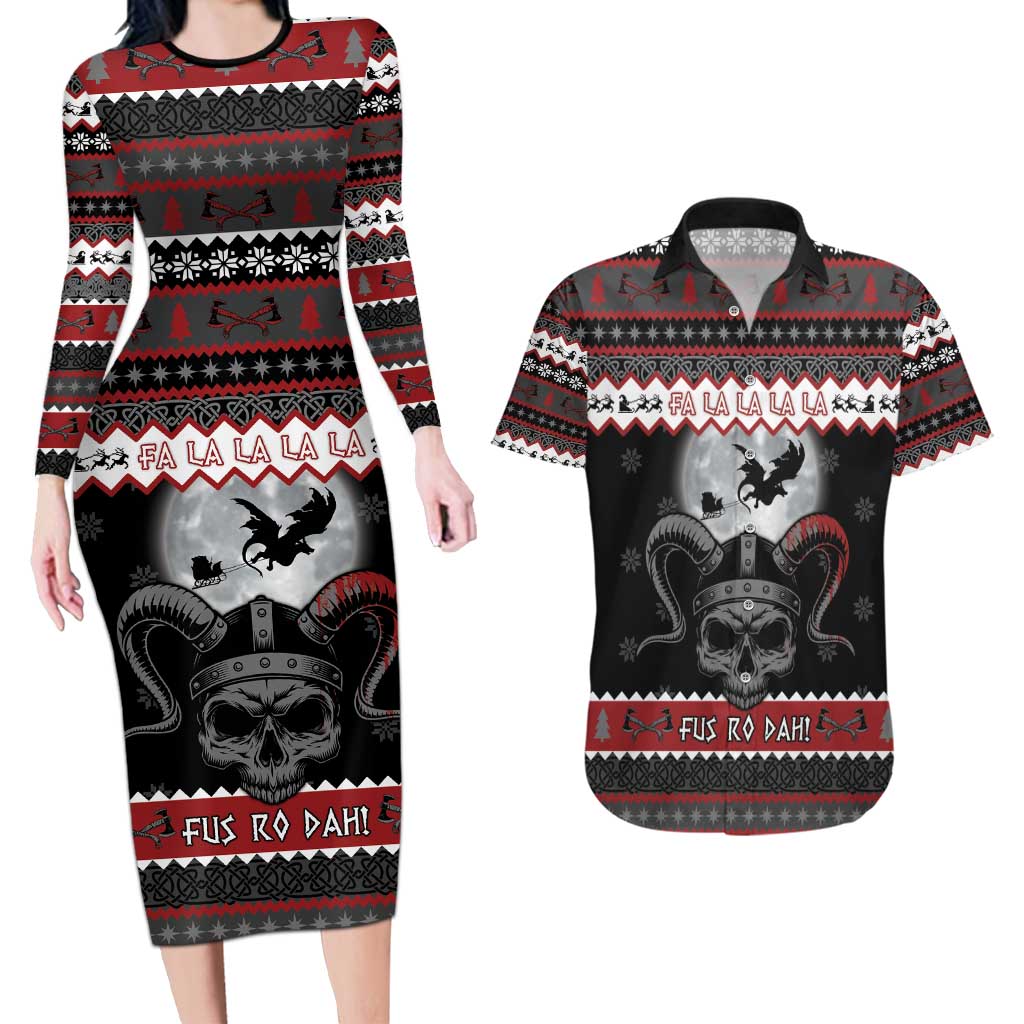 Vikings Christmas Couples Matching Long Sleeve Bodycon Dress and Hawaiian Shirt Fa La La La Fus Ro Dah - Wonder Print Shop
