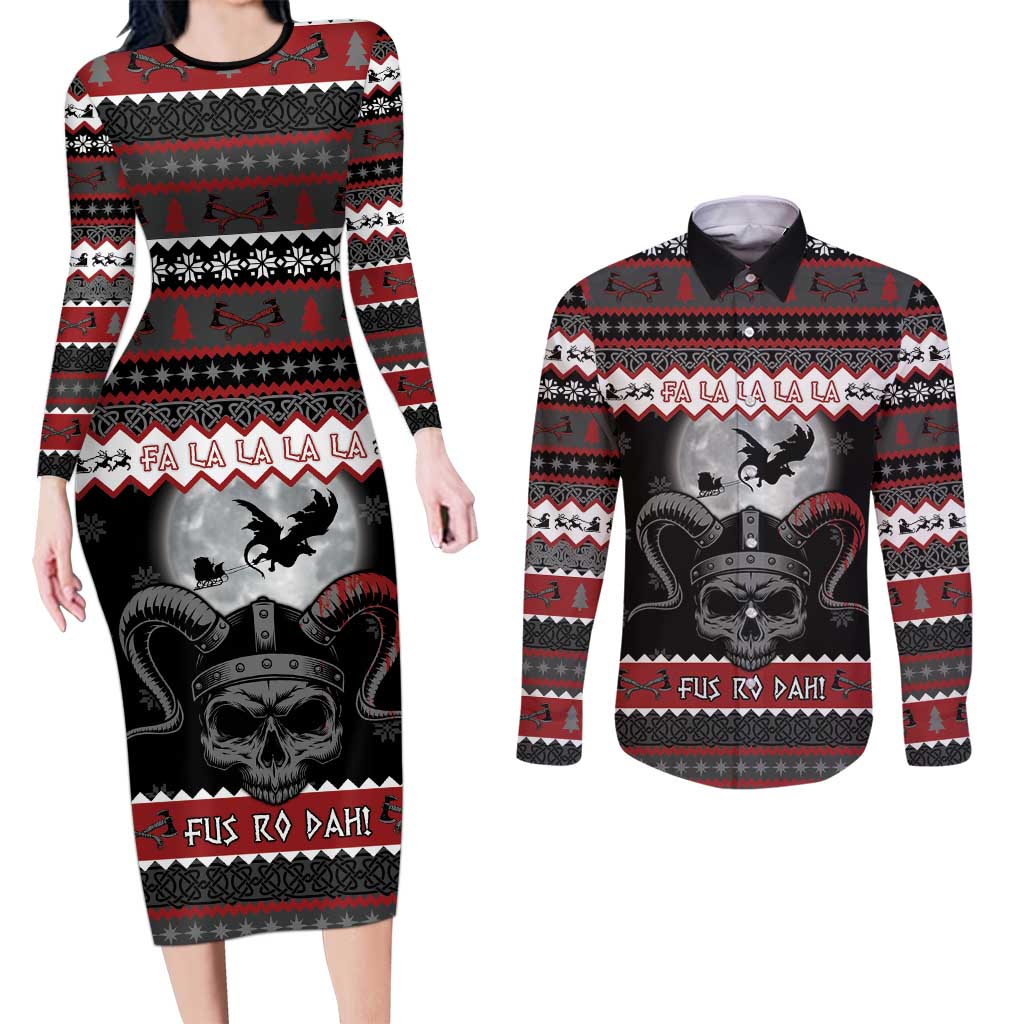 Vikings Christmas Couples Matching Long Sleeve Bodycon Dress and Long Sleeve Button Shirt Fa La La La Fus Ro Dah - Wonder Print Shop