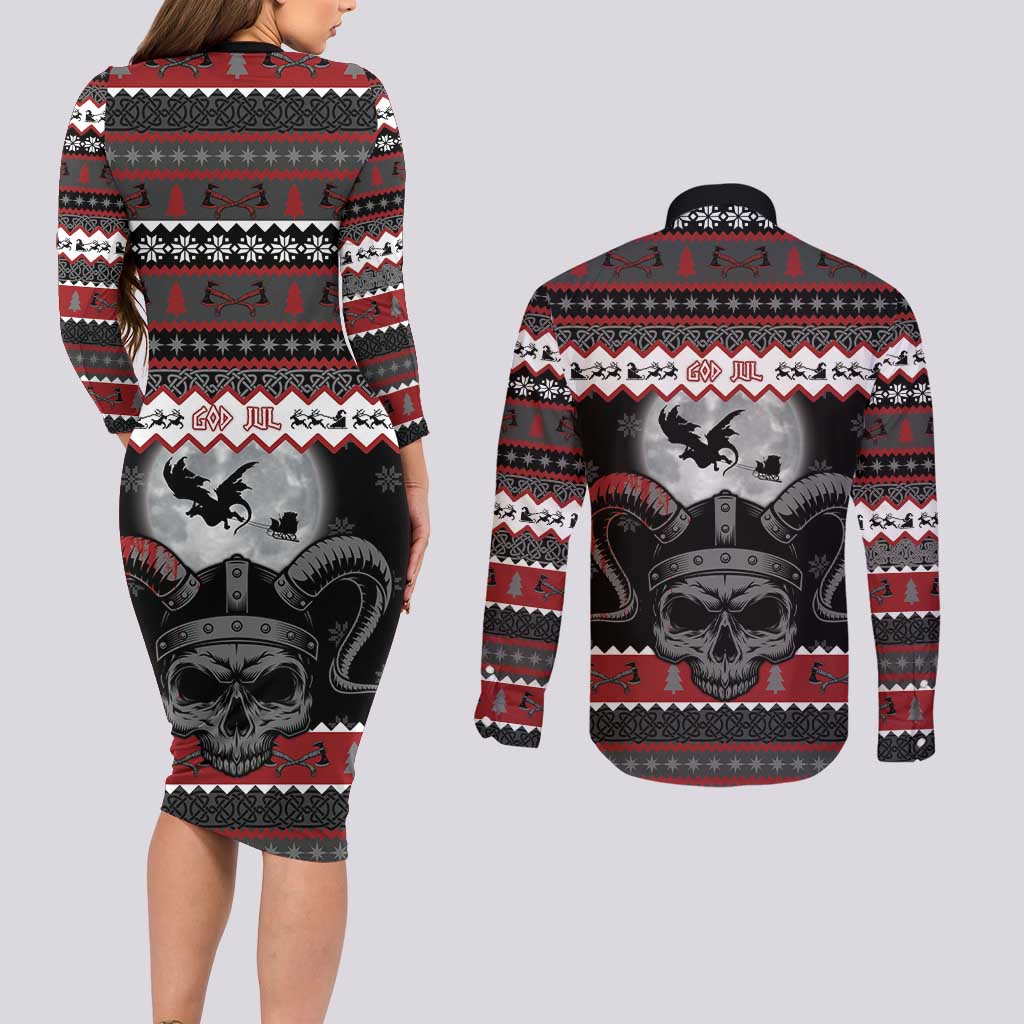 Vikings Christmas Couples Matching Long Sleeve Bodycon Dress and Long Sleeve Button Shirt Fa La La La Fus Ro Dah - Wonder Print Shop