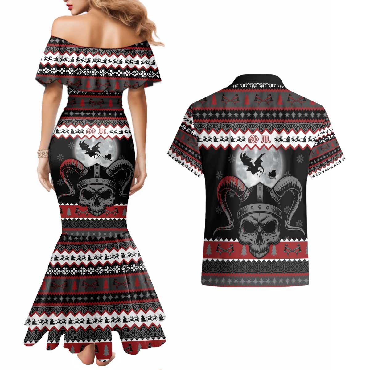 Vikings Christmas Couples Matching Mermaid Dress and Hawaiian Shirt Fa La La La Fus Ro Dah - Wonder Print Shop