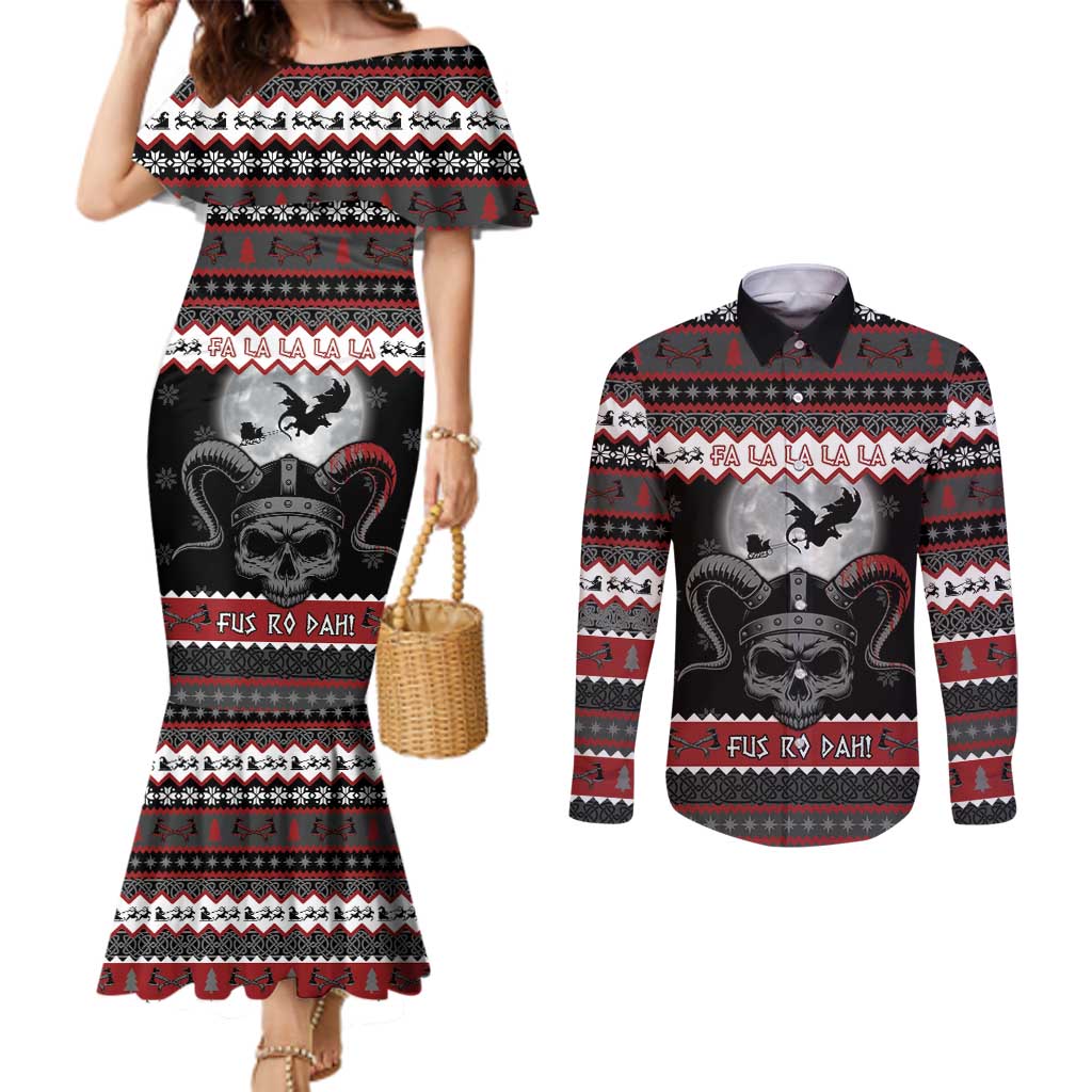 Vikings Christmas Couples Matching Mermaid Dress and Long Sleeve Button Shirt Fa La La La Fus Ro Dah - Wonder Print Shop