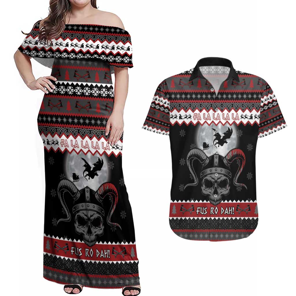 Vikings Christmas Couples Matching Off Shoulder Maxi Dress and Hawaiian Shirt Fa La La La Fus Ro Dah - Wonder Print Shop