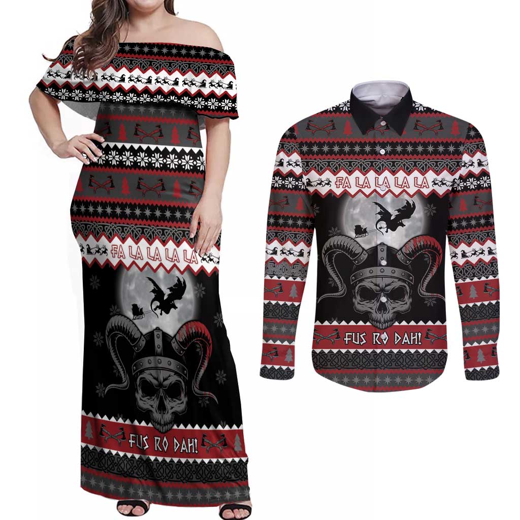 Vikings Christmas Couples Matching Off Shoulder Maxi Dress and Long Sleeve Button Shirt Fa La La La Fus Ro Dah - Wonder Print Shop