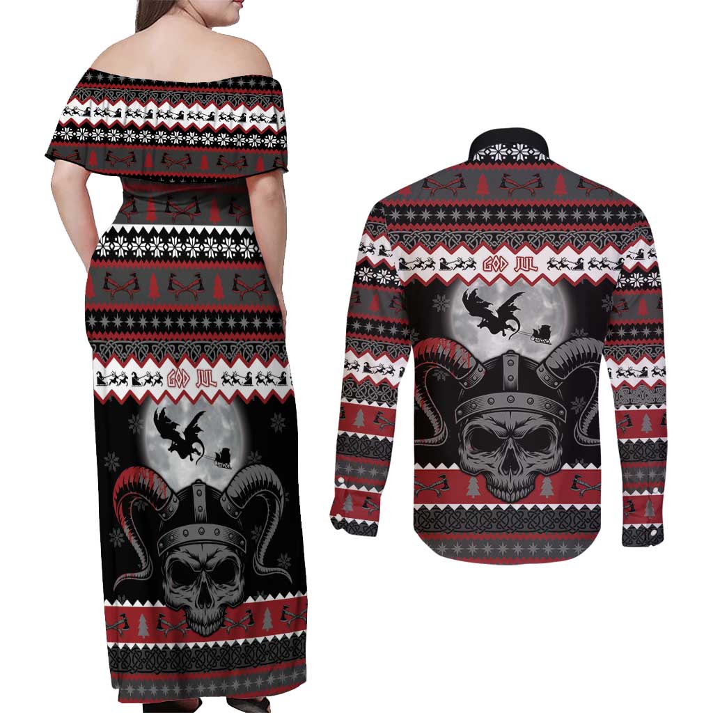 Vikings Christmas Couples Matching Off Shoulder Maxi Dress and Long Sleeve Button Shirt Fa La La La Fus Ro Dah - Wonder Print Shop