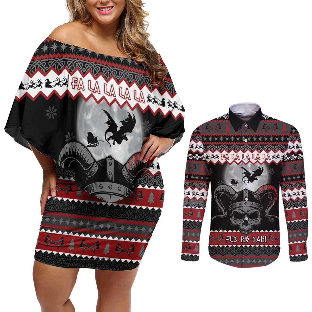 Vikings Christmas Couples Matching Off Shoulder Short Dress and Long Sleeve Button Shirt Fa La La La Fus Ro Dah - Wonder Print Shop